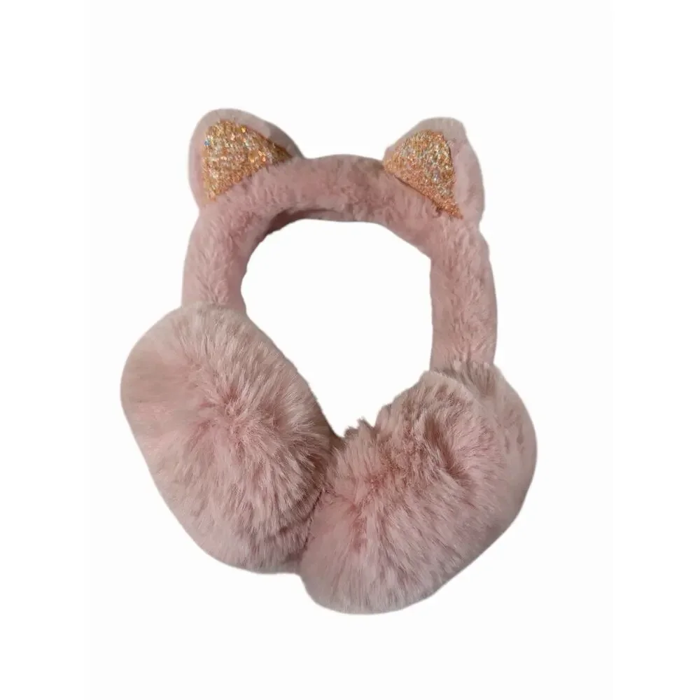 Girls Plush Cat Ear Earmuffs Pink Faux Fur Glitter Ears Winter Warmers Youth